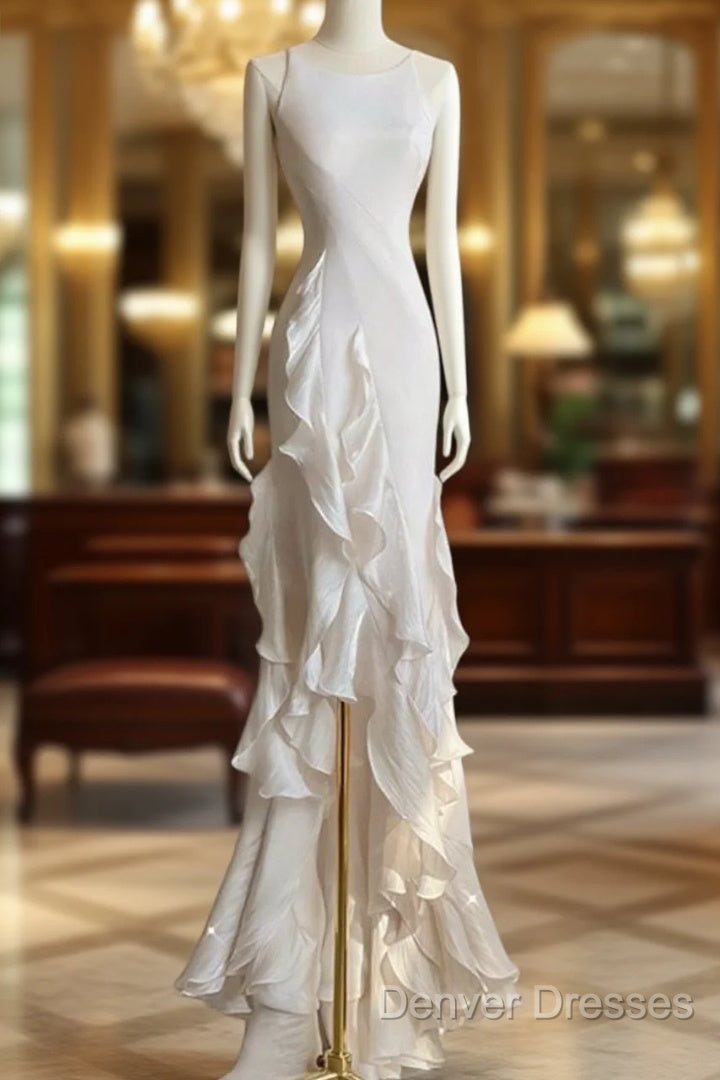 Sexy Mermaid Scoop Satin Night Party Dress White Long Prom Dress Main image