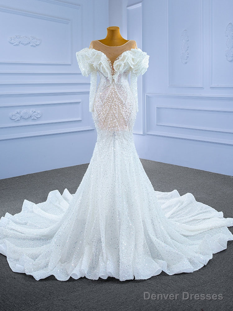 Sexy Mermaid Sequins Pearls Long Sleeve Wedding Dress Main image