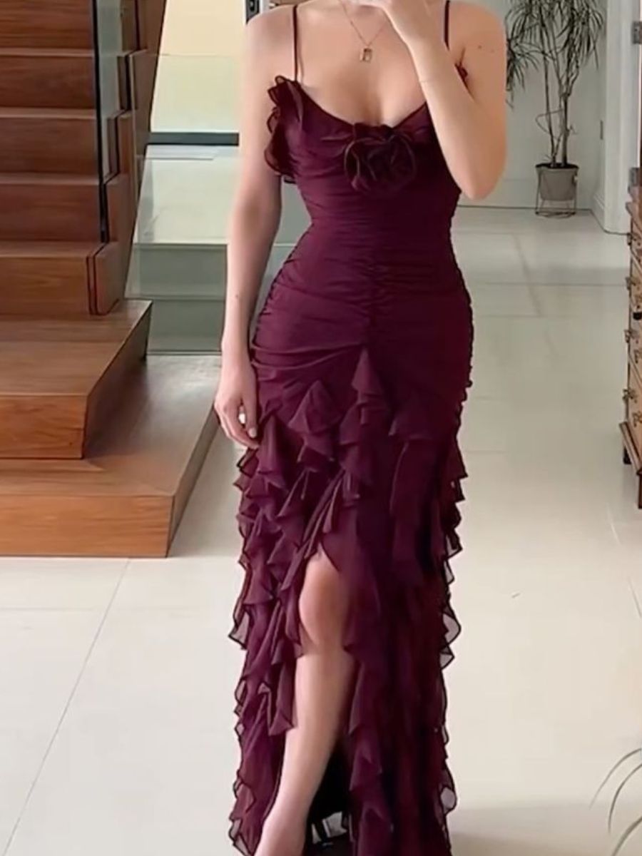 Sexy Mermaid Spaghetti Straps Ankle Length Chiffon Evening Dress Prom Dress