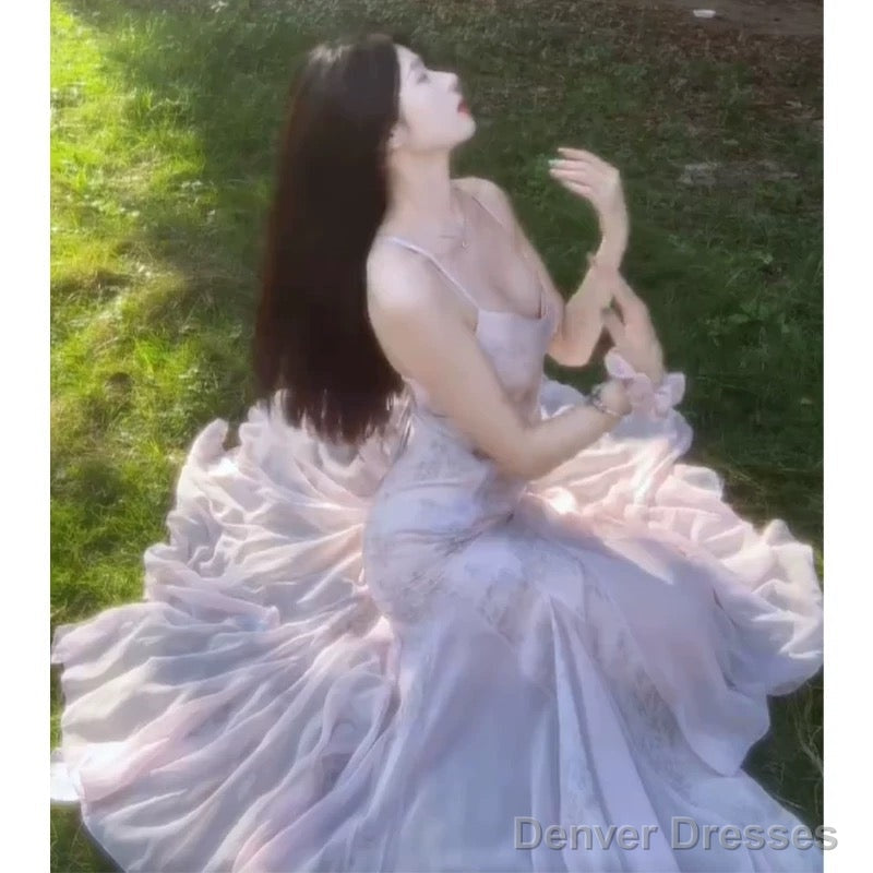 Sexy Mermaid Spaghetti Straps Backless Lilac Birthday Dresses Prom Dress