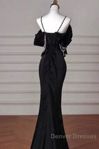 Sexy Mermaid Spaghetti Straps Black Long Formal Dress Satin Prom Dress