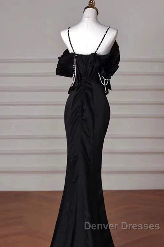 Sexy Mermaid Spaghetti Straps Black Long Formal Dress Satin Prom Dress