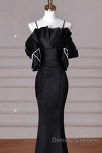 Sexy Mermaid Spaghetti Straps Black Long Formal Dress Satin Prom Dress