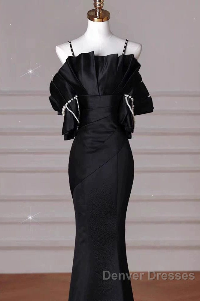 Sexy Mermaid Spaghetti Straps Black Long Formal Dress Satin Prom Dress