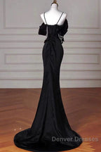 Sexy Mermaid Spaghetti Straps Black Long Formal Dress Satin Prom Dress