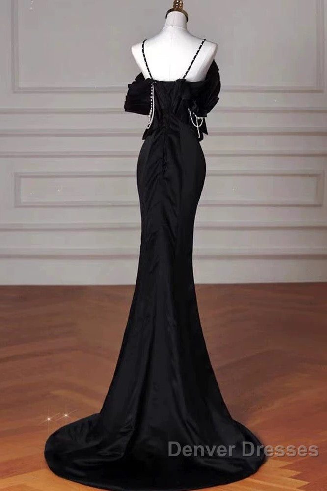 Sexy Mermaid Spaghetti Straps Black Long Formal Dress Satin Prom Dress