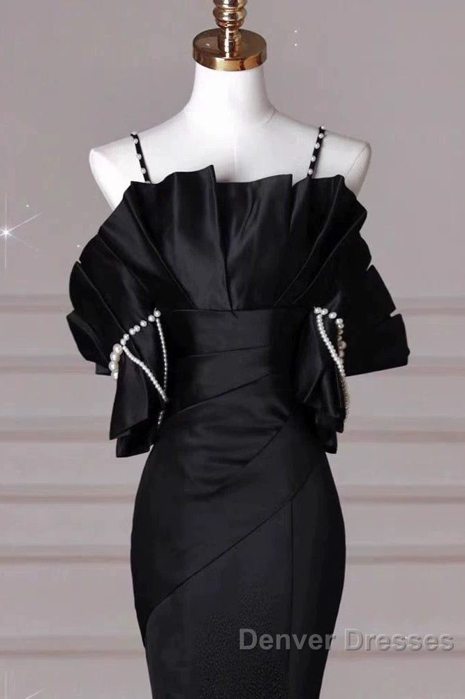 Sexy Mermaid Spaghetti Straps Black Long Formal Dress Satin Prom Dress