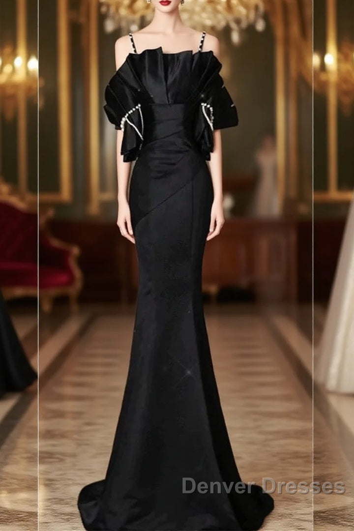 Sexy Mermaid Spaghetti Straps Black Long Formal Dress Satin Prom Dress Main image