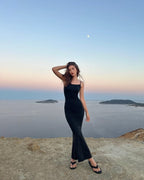Sexy Mermaid Spaghetti Straps Black Satin Long Prom Dress Trendy Party Dress For Women
