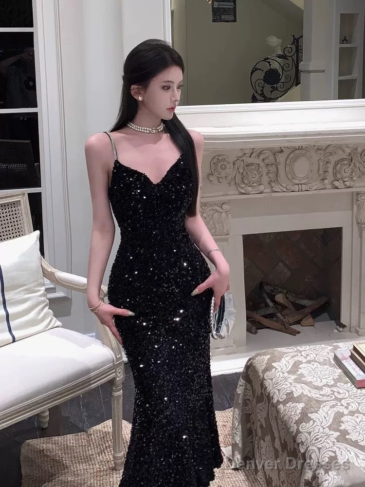 Sexy Mermaid Spaghetti Straps Black Sequin Evening Dress Prom Dresses Secondary image