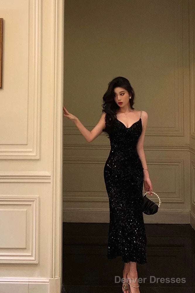 Sexy Mermaid Spaghetti Straps Black Sequin Prom Dresses Birthday Outfits Secondary image