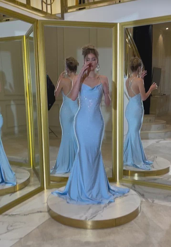 Sexy Mermaid Spaghetti Straps Blue Sequin Long Prom Dress Long Party Dress