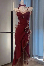 Sexy Mermaid Spaghetti Straps Burgundy Long Evening Dress Prom Dress