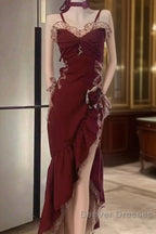 Sexy Mermaid Spaghetti Straps Burgundy Long Evening Dress Prom Dress