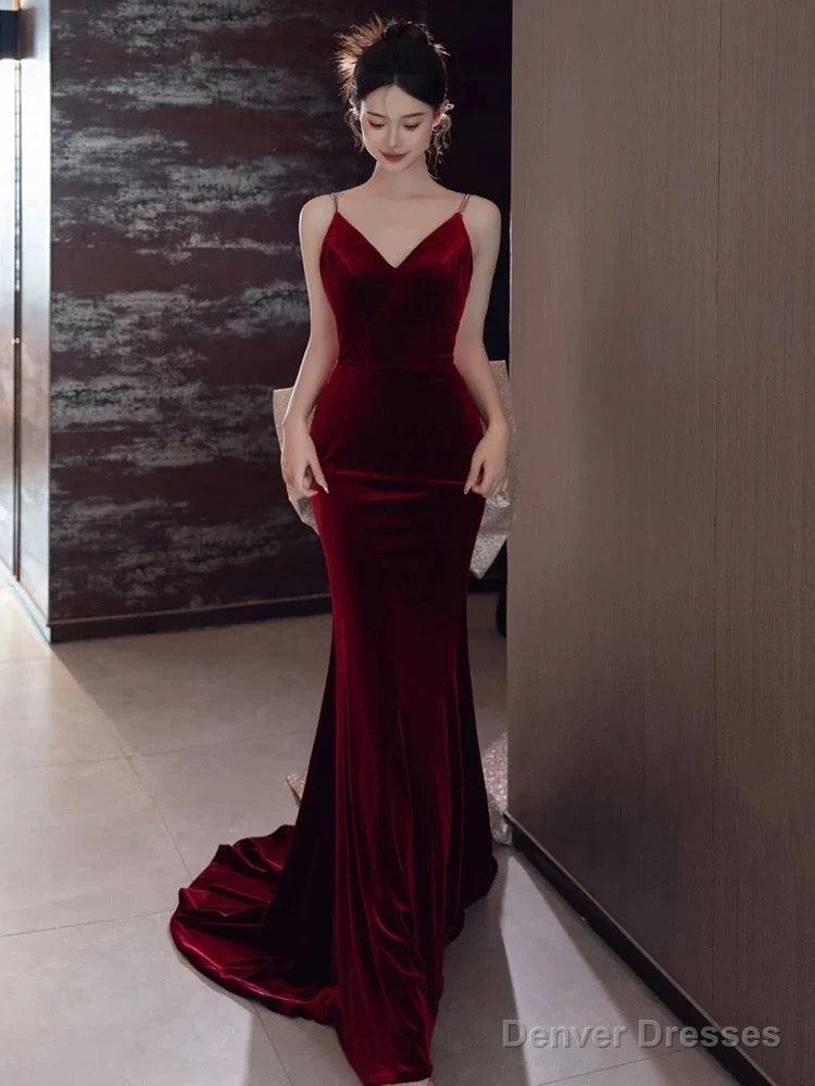 Sexy Mermaid Spaghetti Straps Burgundy Velvet Long Evening Dress Prom Dresses Secondary image