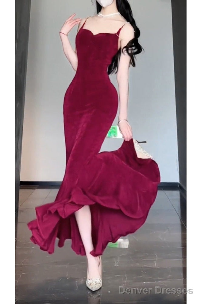 Sexy Mermaid Spaghetti Straps Christmas Dress Burgundy Prom Dresses Birthday Outfits