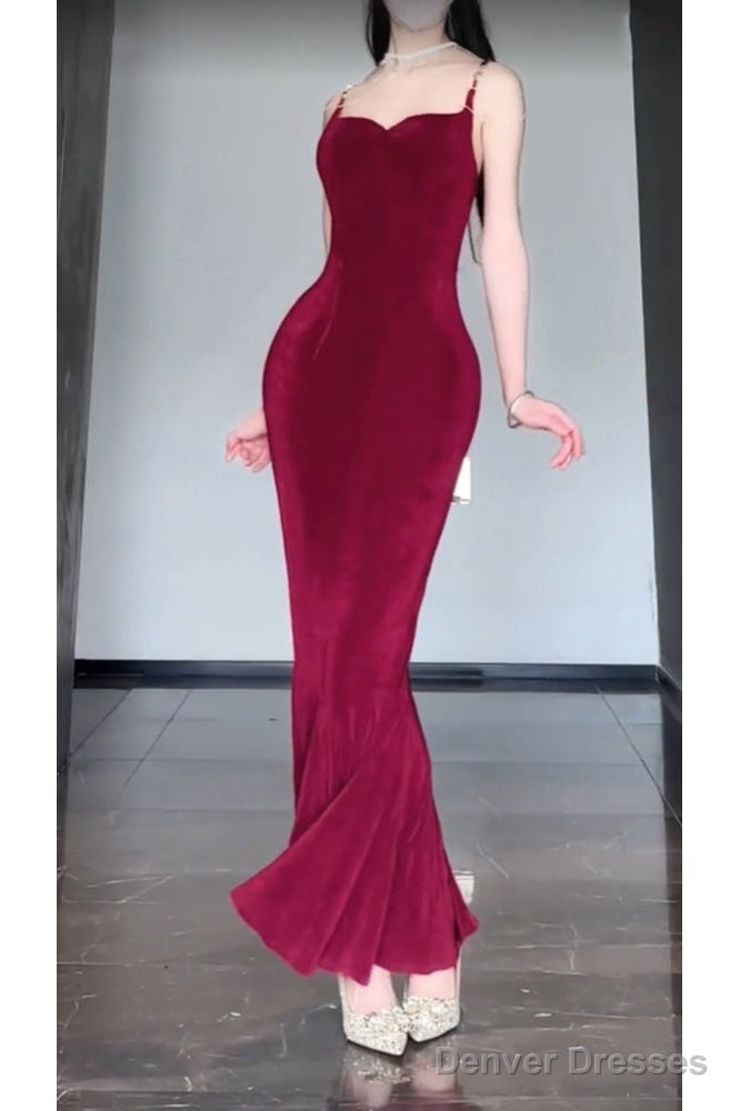 Sexy Mermaid Spaghetti Straps Christmas Dress Burgundy Prom Dresses Birthday Outfits