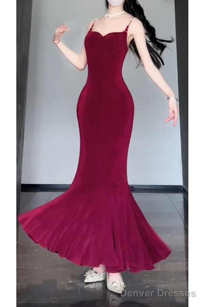Sexy Mermaid Spaghetti Straps Christmas Dress Burgundy Prom Dresses Birthday Outfits