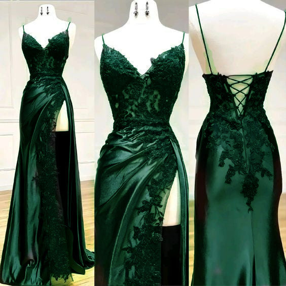 Sexy Mermaid Spaghetti Straps Dark Green Lace Backless Prom Dress Long Party Dress Main image