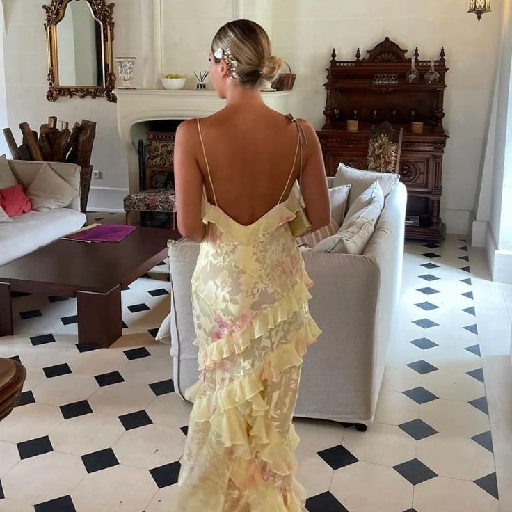 Sexy Mermaid Spaghetti Straps Floor Length Floral Yellow Chiffon Evening Dress Prom Dress Secondary image