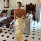 Sexy Mermaid Spaghetti Straps Floor Length Floral Yellow Chiffon Evening Dress Prom Dress