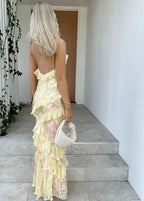 Sexy Mermaid Spaghetti Straps Floor Length Floral Yellow Chiffon Evening Dress Prom Dress