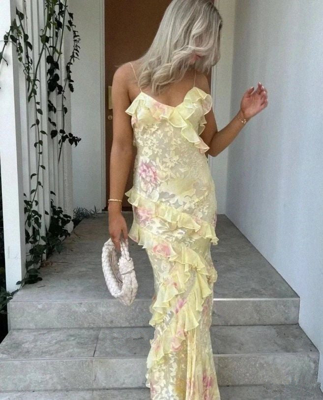 Sexy Mermaid Spaghetti Straps Floor Length Floral Yellow Chiffon Evening Dress Prom Dress
