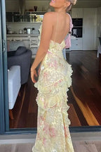 Sexy Mermaid Spaghetti Straps Floor Length Floral Yellow Chiffon Evening Dress Prom Dress