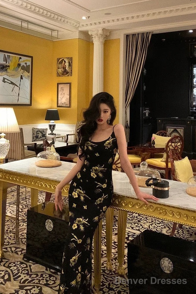 Sexy Mermaid Spaghetti Straps Floral Black Prom Dresses Ankle Length Birthday Outfits Secondary image