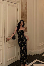 Sexy Mermaid Spaghetti Straps Floral Black Prom Dresses Ankle Length Birthday Outfits