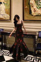 Sexy Mermaid Spaghetti Straps Floral Black Prom Dresses Birthday Outfits