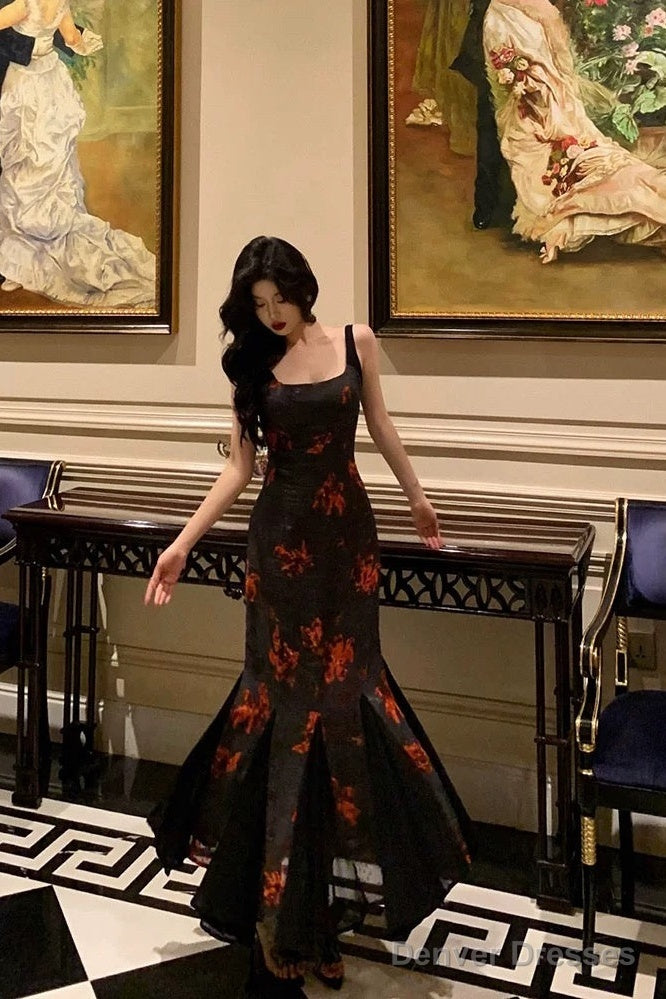 Sexy Mermaid Spaghetti Straps Floral Black Prom Dresses Birthday Outfits