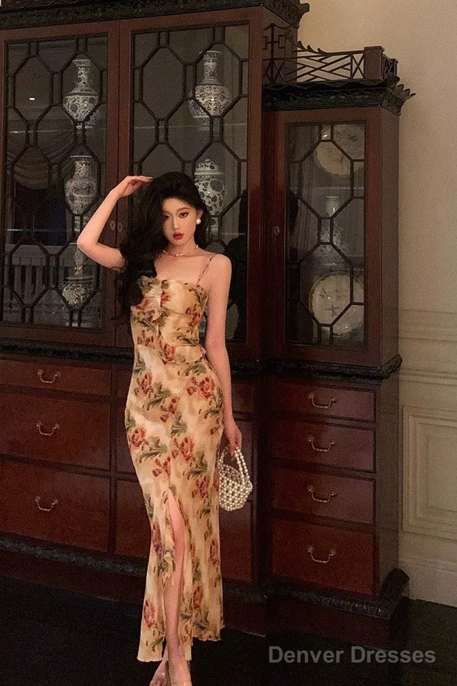 Sexy Mermaid Spaghetti Straps Floral Slit Long Prom Dresses Birthday Outfit Secondary image