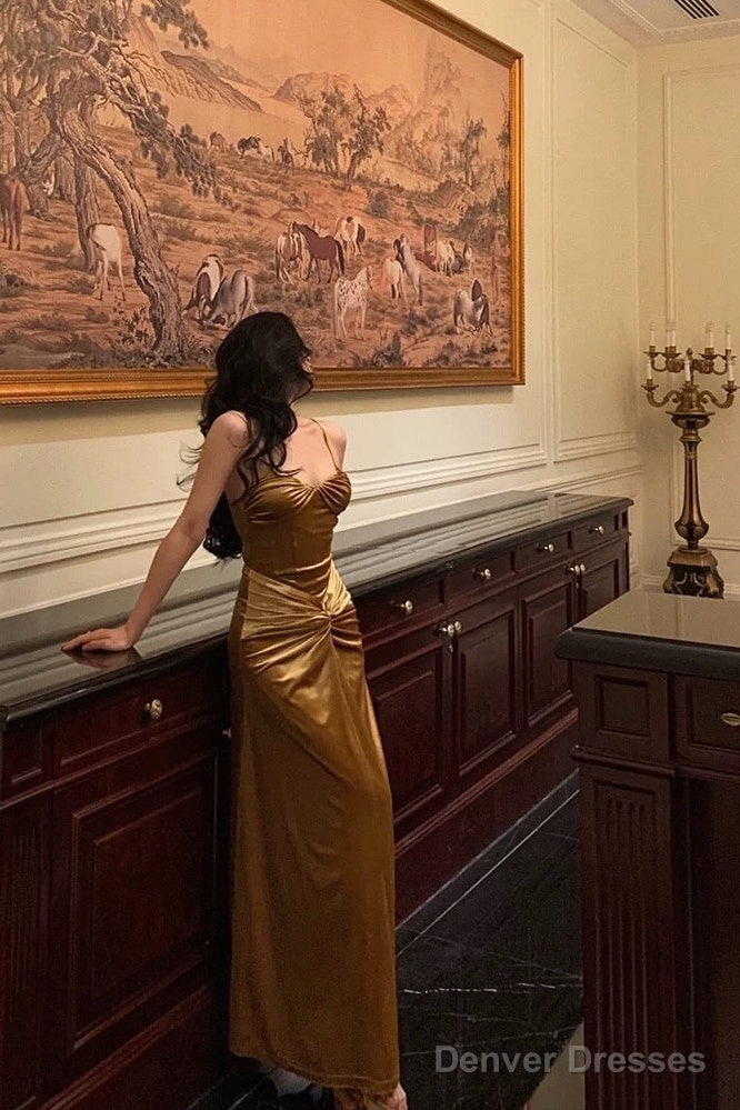 Sexy Mermaid Spaghetti Straps Gold Velvet Long Prom Dresses Birthday Outfits