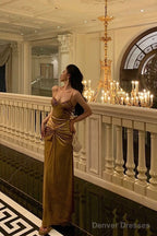 Sexy Mermaid Spaghetti Straps Gold Velvet Long Prom Dresses Birthday Outfits