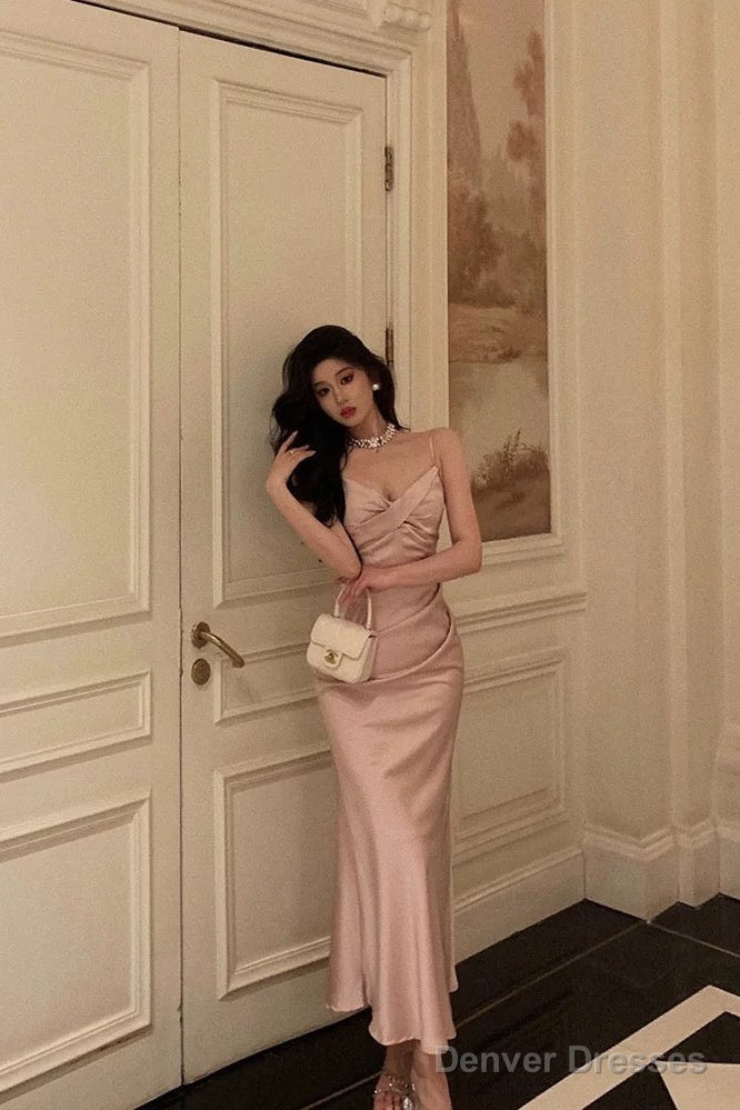Sexy Mermaid Spaghetti Straps Pink Satin Ankle Length Prom Dresses Birthday Outfits Secondary image