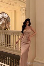 Sexy Mermaid Spaghetti Straps Pink Satin Ankle Length Prom Dresses Birthday Outfits