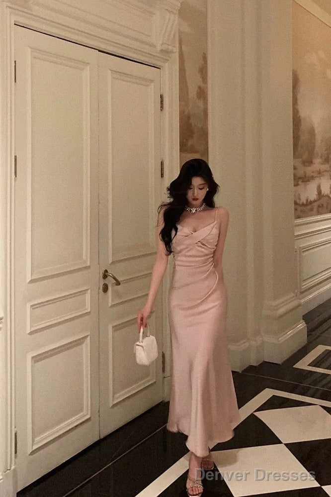Sexy Mermaid Spaghetti Straps Pink Satin Ankle Length Prom Dresses Birthday Outfits Main image