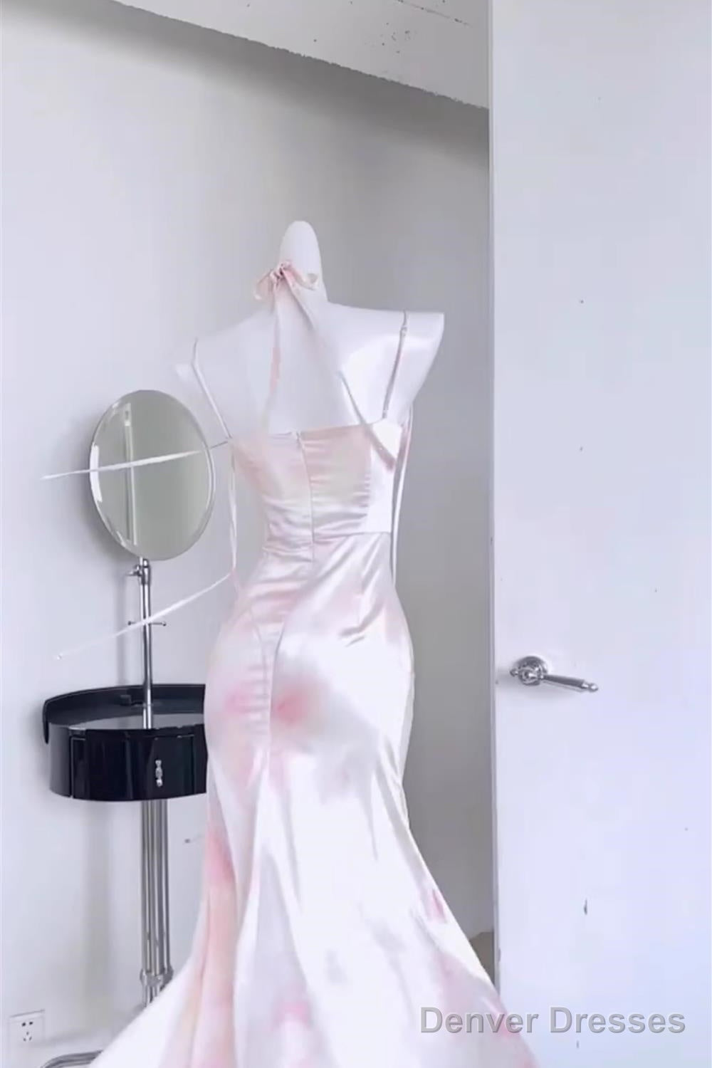 Sexy Mermaid Spaghetti Straps Pink Satin Prom Dresses Night Dress Birthday Outfits