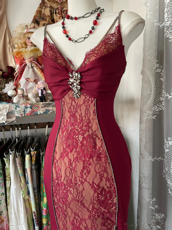 Sexy Mermaid Spaghetti Straps Red Lace Prom Dress Long Party Dress Secondary image