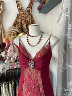 Sexy Mermaid Spaghetti Straps Red Lace Prom Dress Long Party Dress