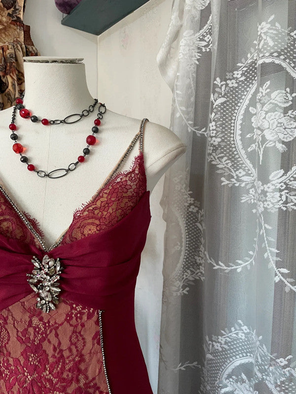 Sexy Mermaid Spaghetti Straps Red Lace Prom Dress Long Party Dress