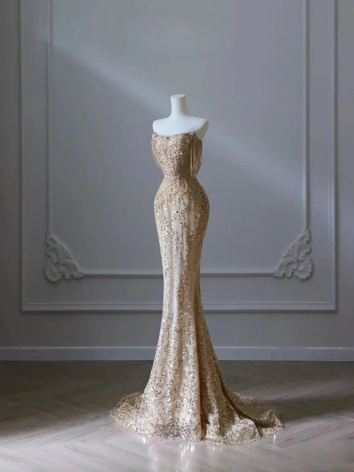 Pretty Mermaid Strapless Gold Sequin Beads Long Prom Dress Formal Evening Dress Secondary image