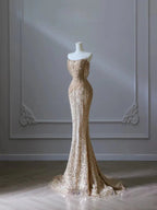 Pretty Mermaid Strapless Gold Sequin Beads Long Prom Dress Formal Evening Dress