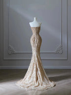 Pretty Mermaid Strapless Gold Sequin Beads Long Prom Dress Formal Evening Dress