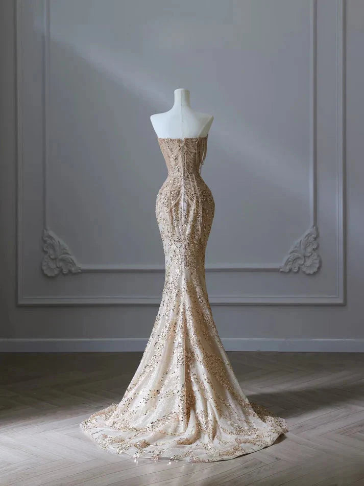 Pretty Mermaid Strapless Gold Sequin Beads Long Prom Dress Formal Evening Dress
