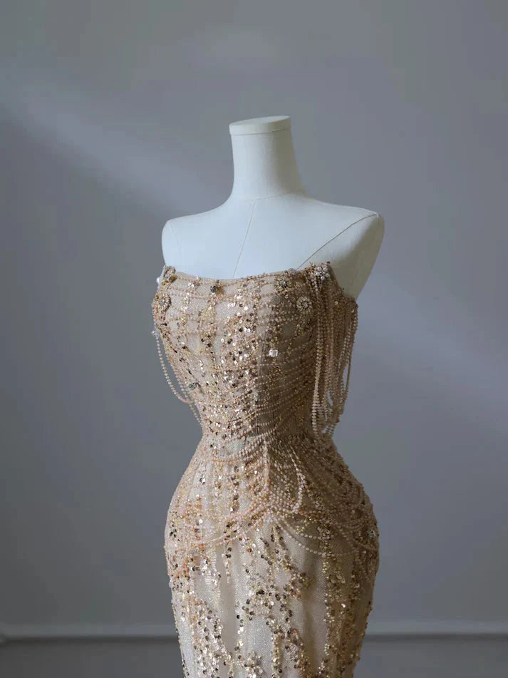 Pretty Mermaid Strapless Gold Sequin Beads Long Prom Dress Formal Evening Dress