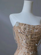 Pretty Mermaid Strapless Gold Sequin Beads Long Prom Dress Formal Evening Dress