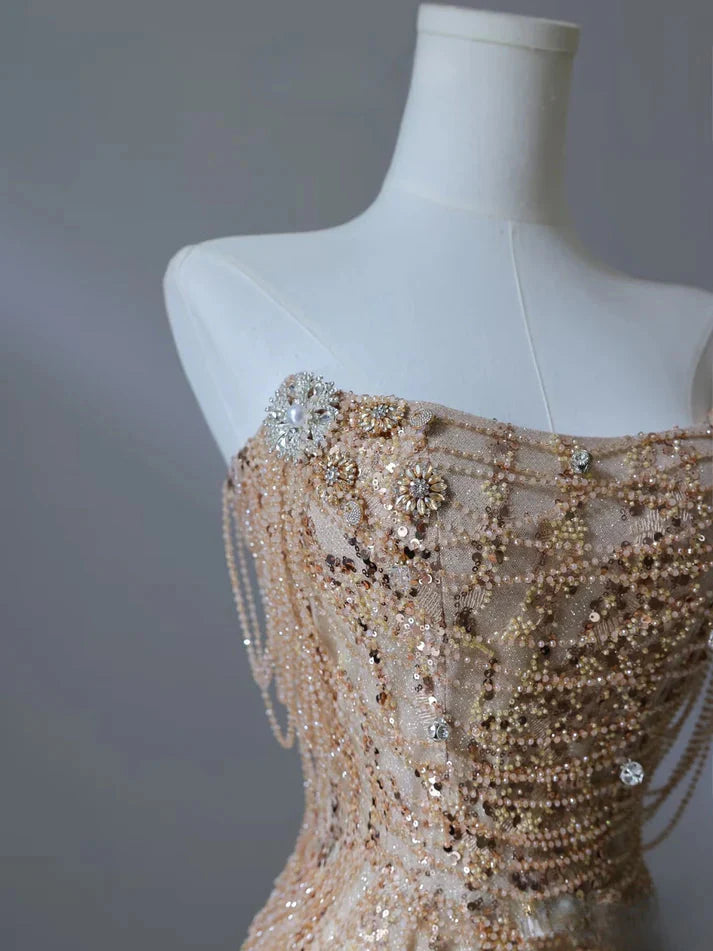 Pretty Mermaid Strapless Gold Sequin Beads Long Prom Dress Formal Evening Dress