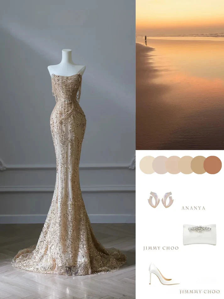 Pretty Mermaid Strapless Gold Sequin Beads Long Prom Dress Formal Evening Dress
